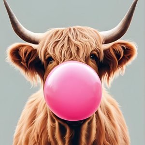 Highland Cow Blowing Bubble Gum