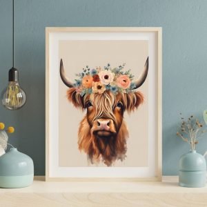Highland Cow with Flower Crown Rustic Art Wall Decor