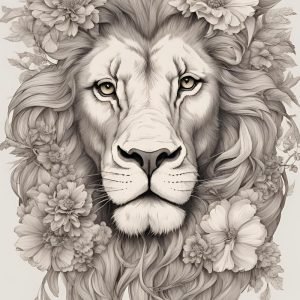 Lion Face with Flowers Drawing