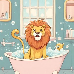 Lion in Pink Bathtub Cartoon