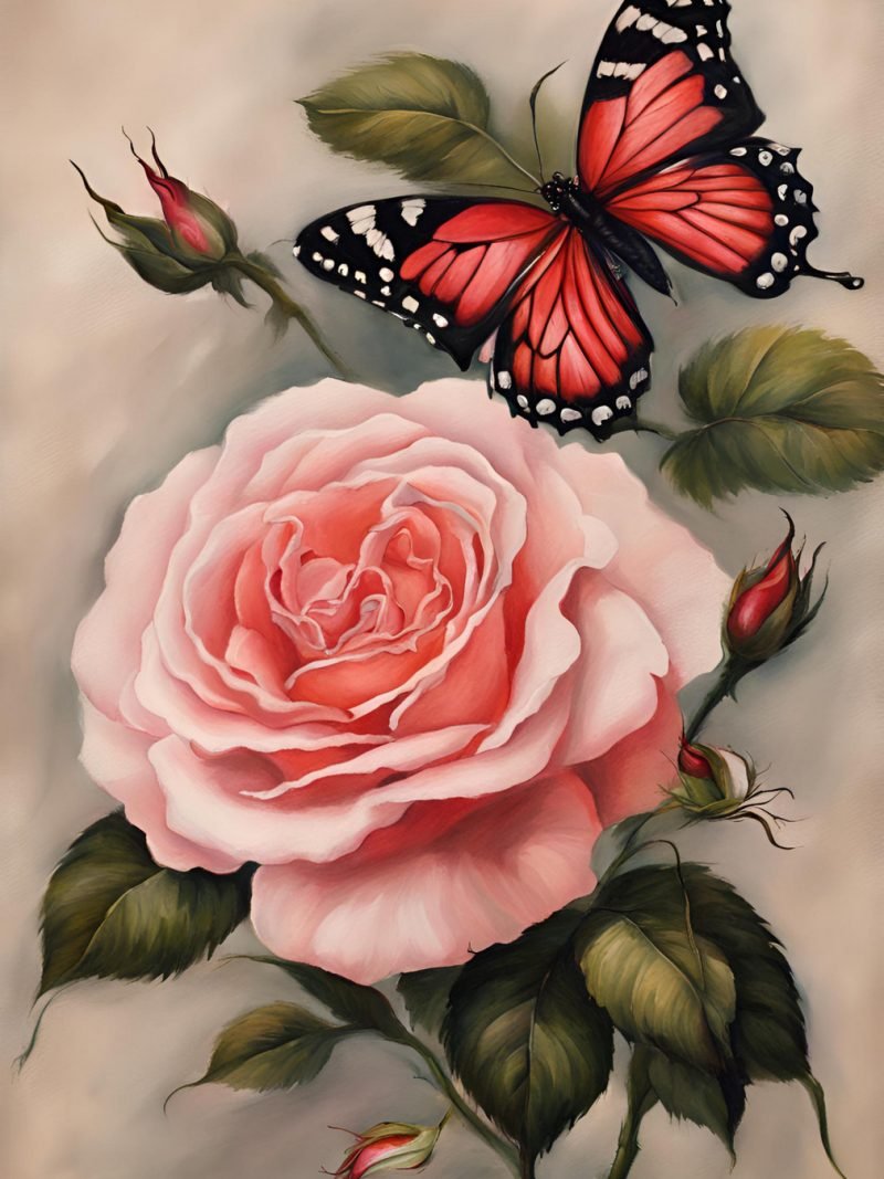 Pink Rose and Butterfly Painting