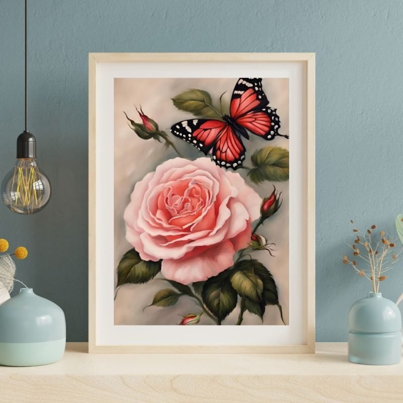 Pink Rose and Butterfly Painting Wall Art