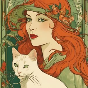 Red Hair Woman and White Cat Painting