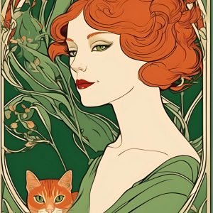 Red Hair Woman with Ginger Cat Painting