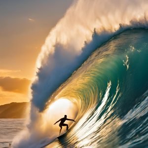 Silhouette Surfing Among the Waves at Sunset