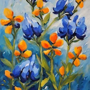 abstract bluebonnets with orange flowers
