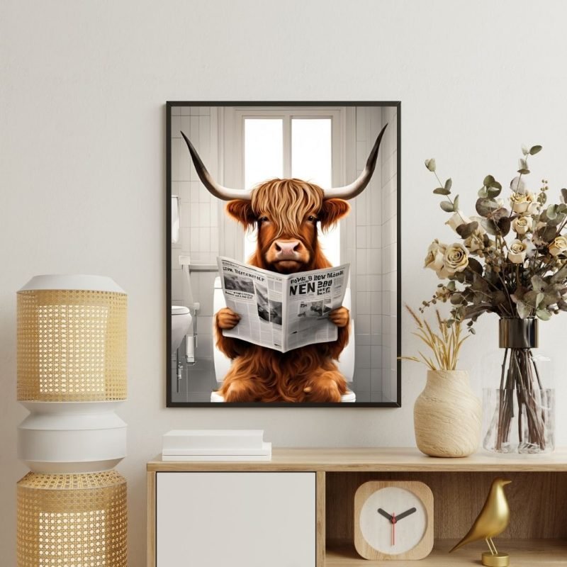 Highland Cow on Toilet Picture Canvas