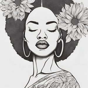 Black White Curly Woman with Flower Print