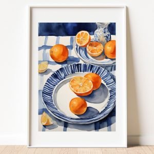 Blue Dining Table and Oranges Wall Art