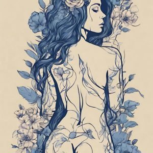 Blue Floral Aesthetic Woman Body Art Print