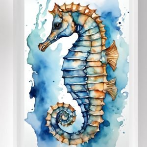 Blue Orange Sea Horse Print