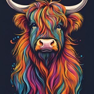 Colorful Hairy Highland Cow Portrait