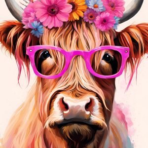 Highland Cow with Glasses and Flower Crown Print