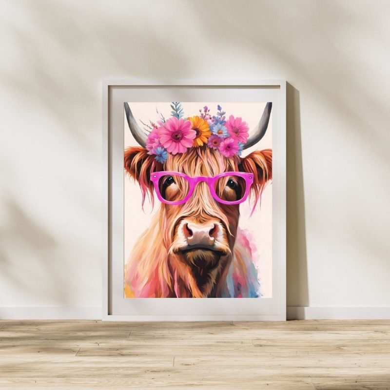 Highland Cow with Glasses and Flower Crown Print Poster