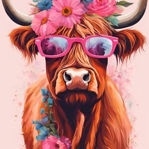Highland Cow with Pink Flowers and Glasses