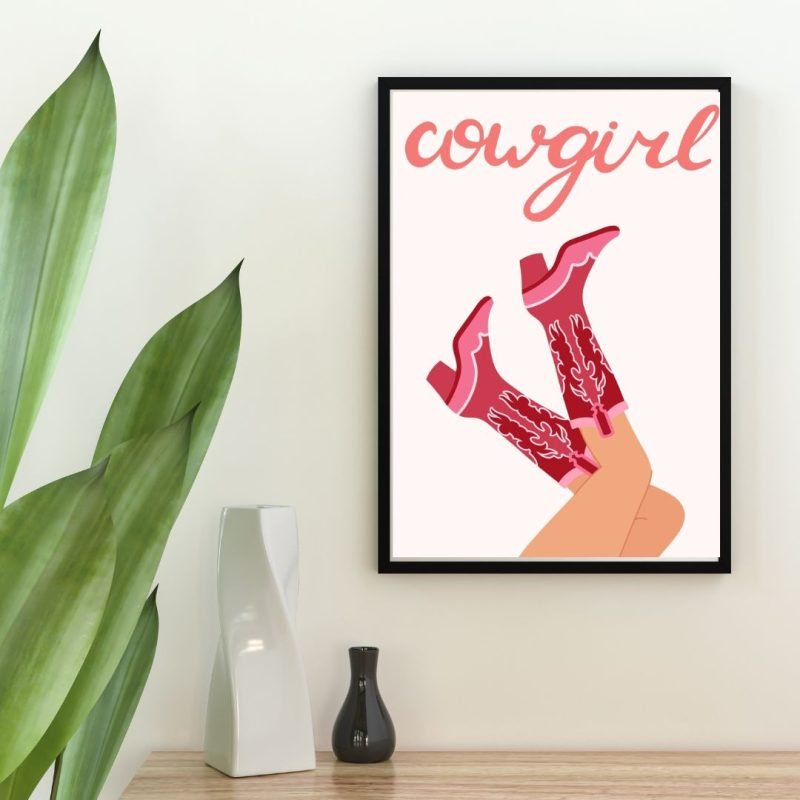 Pink Cowgirl Wearing Boot Print framed