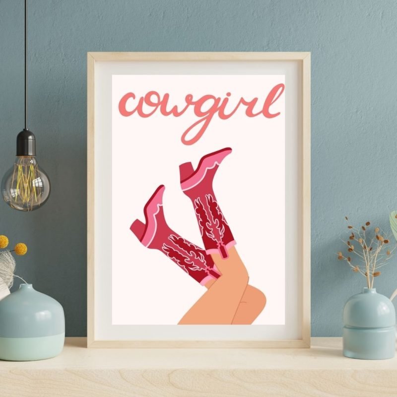 Pink Cowgirl wearing Boot Print wall art