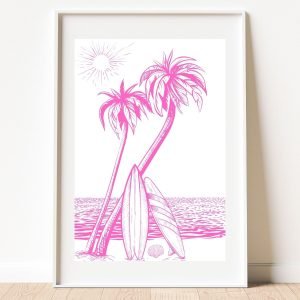 Pink Palm Trees Surf Boards and Ocean Poster