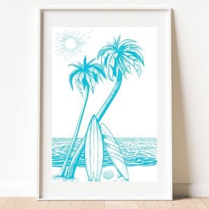 Turquoise Palm Trees Surf Boards and Ocean Poster