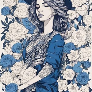 Woman Art Print With Hat And Blue White Flowers