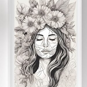 Woman Head Black White Floral poster Print
