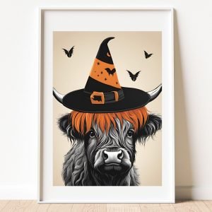 Highland Cow with Halloween Hat Print