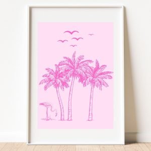 Pink Palm Trees Flamingo Birds Poster