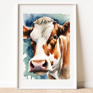 Watercolor Brown White Cow Art Print