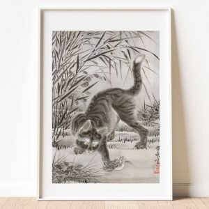 Cat Catching a Frog Japnese Ukiyo-e Art by Kawanabe Kyosai Print