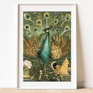 Peacock with Chickens Print Theo van Hoytema