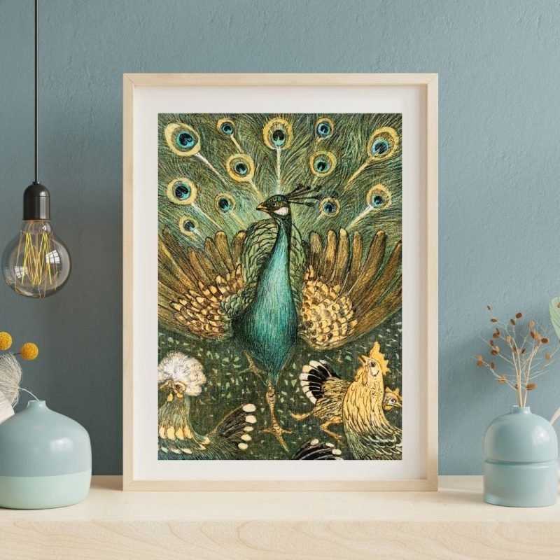 Peacock with Chickens poster Print Theo van Hoytema