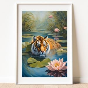 Tiger in a Water Lily Pond Painting Print Framed