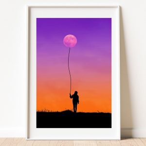 Aesthetic Woman Silhouette with Moon Balloon at Sunset Print